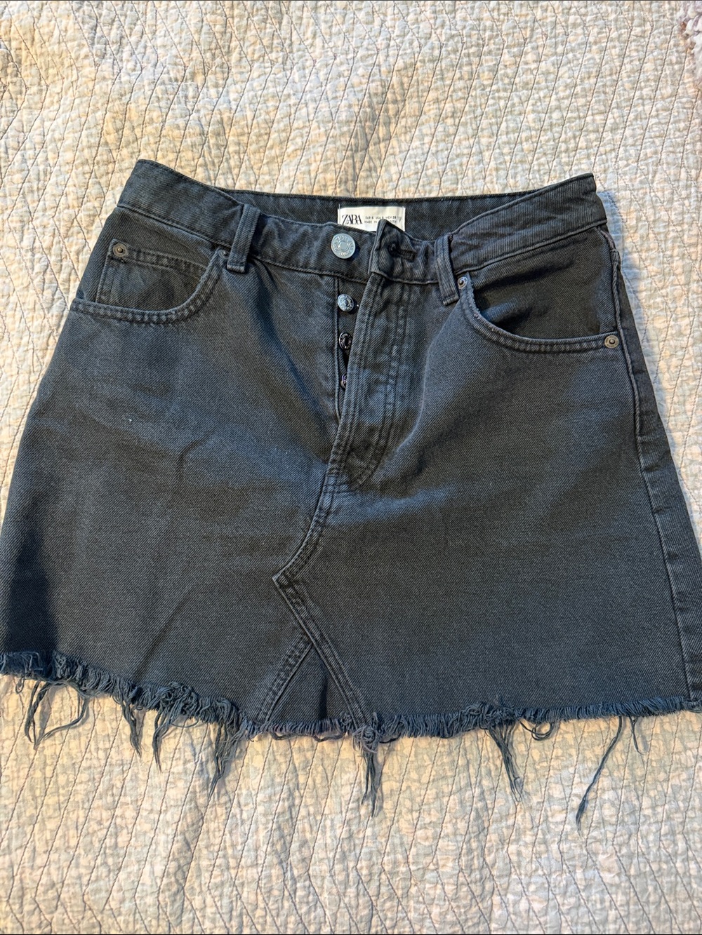Zara Black Frayed-Hem Denim Mini Skirt